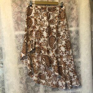 Y2K Brown Paisley High Low Ruffle Skirt Med Cowgirl Bohemian Country Hippie fun